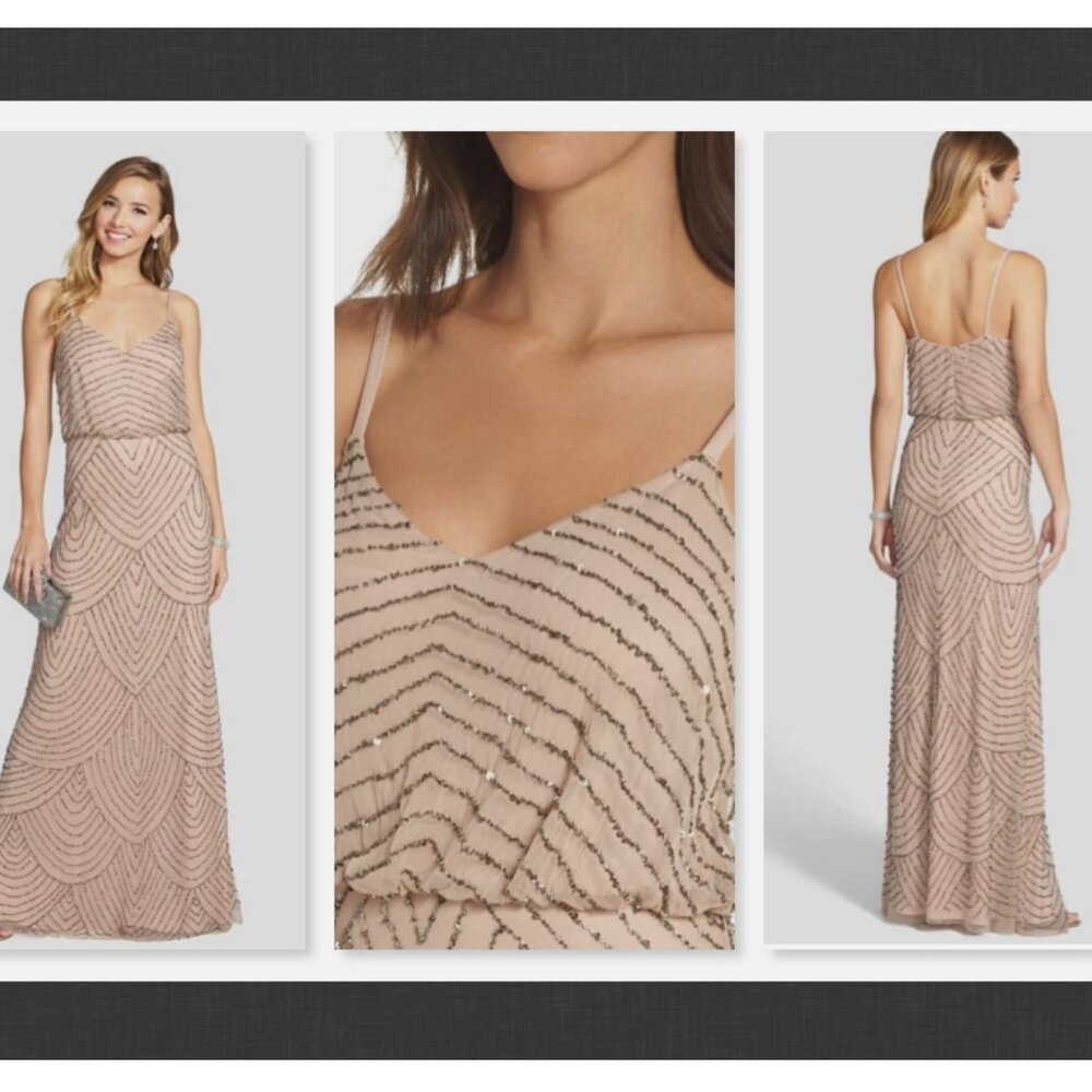 NWOT Adrianna Papell Art Deco Beaded Blouson Gown in Taupe Pink Size 10